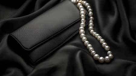 A sleek black clutch adorned with a lustrous pearl necklace, elegantly arranged on smooth black fabric, perfect for showcasing luxury and style in fashion photography.の素材
