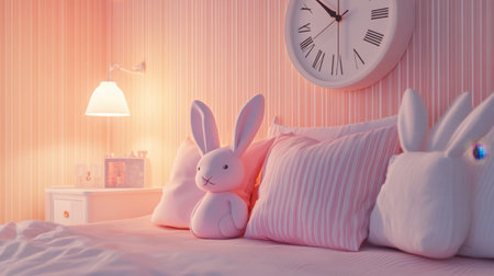 A charming pink bedroom featuring cute plush bunny toys, elegant pillows, and a stylish wall clock. This serene space exudes warmth and comfort, perfect for relaxation.の素材
