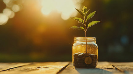 A vibrant green plant emerges from a jar filled with coins, illuminated by soft sunlight. This image symbolizes growth, financial investment, and sustainability in a natural setting.の素材