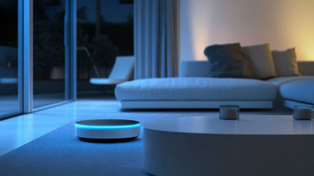 A stylish modern living room showcases a smart device emitting soft blue light, creating a cozy atmosphere. The elegant decor features a comfortable sofa and minimalistic design elements.の素材