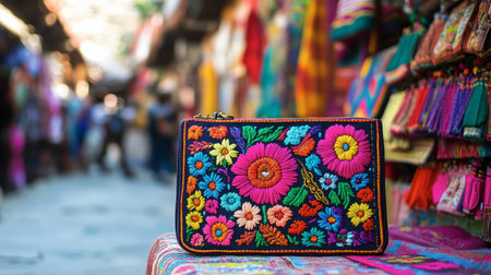 This image captures a vibrant handcrafted clutch bag adorned with colorful floral embroidery, showcasing exquisite craftsmanship in a bustling market setting.の素材