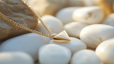 A stunning close-up of a gold necklace with a triangular pendant resting on smooth white pebbles, showcasing elegance and minimalist beauty in natural light.の素材