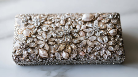 This stunning decorative clutch showcases an intricate floral design made with gemstones and pearls, perfect for evening wear or special occasions.の素材