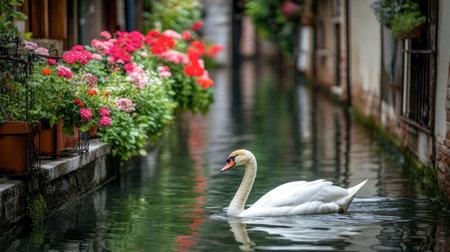 A beautiful swan glides effortlessly through a calm canal, framed by vibrant flowers. This tranquil scene captures the essence of natureの素材