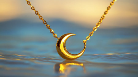 A stunning golden crescent moon necklace gracefully rests on a tranquil water surface, creating an enchanting reflection. Perfect for elegant fashion.の素材