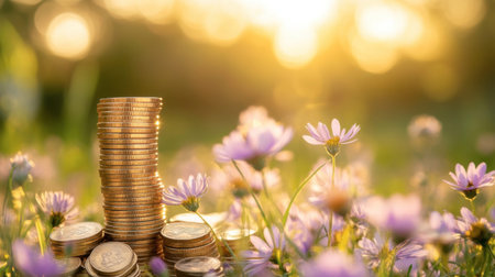 Stacked coins surrounded by delicate flowers under warm sunlight create a serene scene, symbolizing growth, wealth, and the beauty of nature.の素材