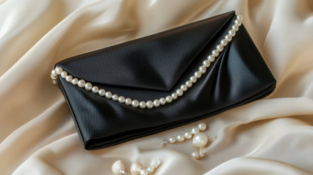 A chic black clutch adorned with pearls, resting on a soft satin fabric, perfect for evening attire. Ideal for formal events or special occasions.の素材