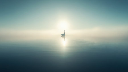 A graceful swan glides across a calm, mist-covered lake during sunrise, creating a serene and tranquil atmosphere. Soft light reflects on the water surface.の素材
