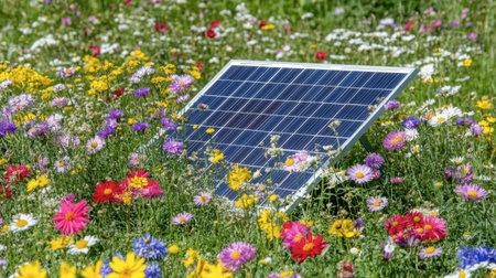 A solar panel rests amidst a tapestry of colorful wildflowers, illustrating the harmony between technology and nature. This scene promotes sustainability and beauty.の素材