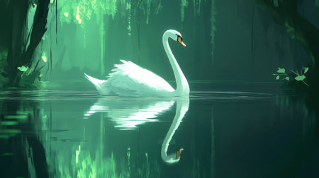 A stunning white swan gracefully swims in lush green waters, creating a serene atmosphere. This tranquil scene captures the essence of nature's beauty and elegance.の素材