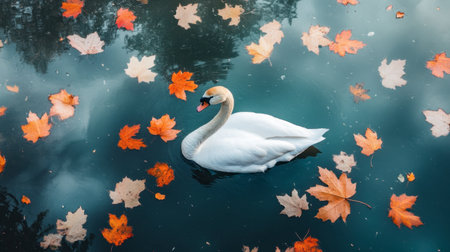 A graceful swan swims peacefully in clear blue water, surrounded by vibrant autumn leaves. This serene scene captures the beauty of nature in fall.の素材