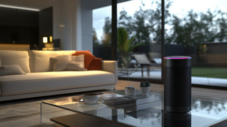 A beautifully designed modern living room featuring a smart speaker, cozy furniture, and stylish decor. Natural light enhances the inviting atmosphere.の素材