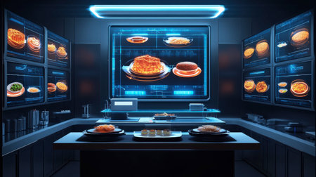 A futuristic kitchen featuring high-tech displays that showcase various gourmet dishes. The modern design highlights advanced cooking techniques and creative presentations.の素材