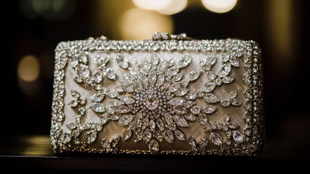 Stunning golden clutch bag embellished with intricate rhinestones and gems, perfect for evening events and adding elegance to any outfit.の素材
