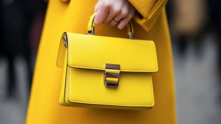 A fashionable woman showcases a vibrant yellow handbag while wearing a matching chic outfit in an urban environment, highlighting contemporary style and elegance.の素材