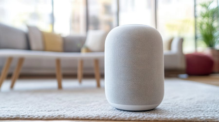 A sleek smart speaker positioned on a cozy carpet in a stylish living room. The scene exudes modernity and comfort, illuminated by natural light.の素材