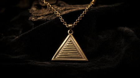 This captivating image features a gold triangle pendant necklace resting on a dark velvet surface, showcasing elegance and minimalist design.の素材