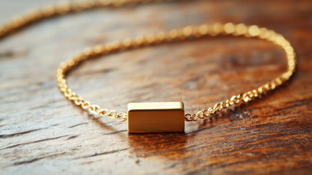 Discover an elegant gold bracelet showcasing a minimalist design on a textured wooden surface, reflecting soft lighting and highlighting its craftsmanship.の素材