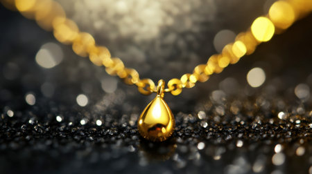 This image showcases an elegant golden necklace featuring a teardrop pendant, beautifully placed on a sparkling surface, creating a highlight of luxury and sophistication.の素材
