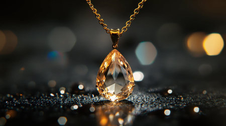 This stunning teardrop gemstone pendant shines elegantly on a dark background, capturing light beautifully, showcasing luxury and refined artistry in jewelry design.の素材