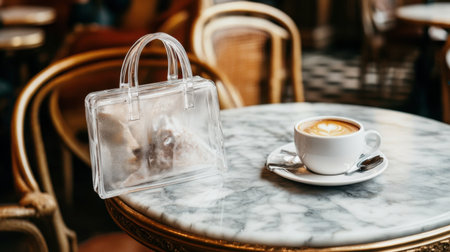 A stylish transparent handbag rests next to a warm cup of coffee on an elegant marble table, capturing a chic cafe atmosphere perfect for leisurely moments.の素材