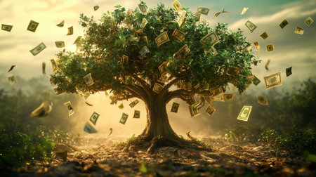 A captivating scene of a tree surrounded by flying dollar bills, symbolizing financial growth and abundance. Soft sunlight enhances the enchanting nature of the moment.の素材