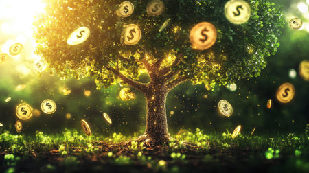 A magical tree radiates wealth with glowing dollar coins falling around it, symbolizing prosperity and financial growth in a vibrant, natural setting.の素材