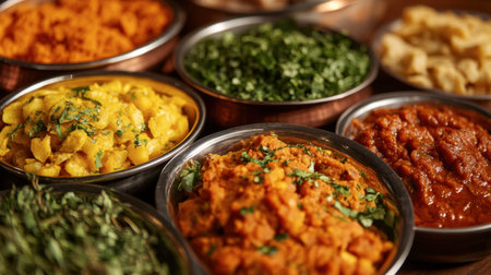 Discover a vibrant assortment of traditional Indian dishes displayed in bowls, showcasing rich colors and textures. A feast for the senses!の素材