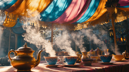 A captivating scene showcasing a colorful tent filled with steaming teapots. The vibrant drapery creates a warm atmosphere perfect for relaxation and gatherings.の素材