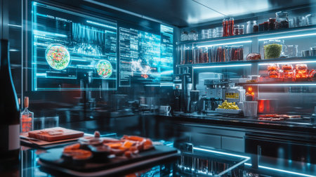 A futuristic kitchen featuring interactive screens, modern appliances, and sleek design. Perfect for showcasing innovation in culinary art and technology.の素材