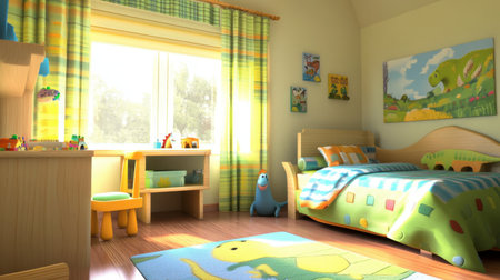 A cheerful children's bedroom featuring a dinosaur theme with vibrant colors. Soft furnishings and playful decor create a cozy and inviting atmosphere.の素材
