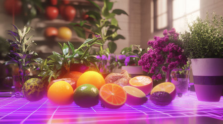 A vibrant assortment of fresh, colorful fruits and lush greenery arranged on a neon countertop, creating a lively and healthy kitchen atmosphere ideal for culinary inspiration.の素材