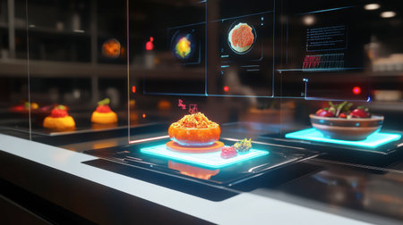 Explore a futuristic kitchen scene featuring a digital food display. This high-tech ambiance showcases vibrant dishes, combining modern technology with culinary artistry.の素材