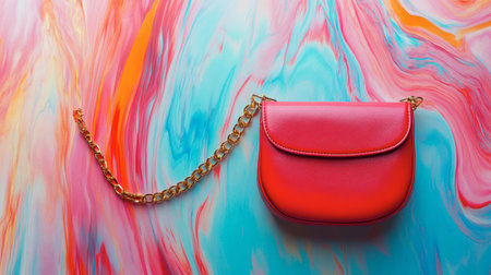 A vibrant red purse elegantly displayed on a colorful abstract background, showcasing modern fashion trends and accessories for style enthusiasts.の素材
