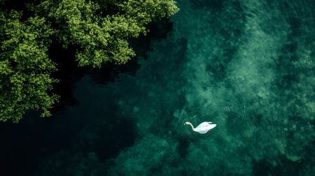 A graceful swan gracefully swims through clear green waters, surrounded by lush foliage. The serene landscape captures the essence of nature's tranquility and beauty.の素材