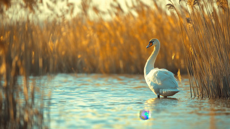 A graceful swan stands in serene waters surrounded by golden reeds at sunset. The soft glow creates a tranquil atmosphere perfect for nature enthusiasts.の素材