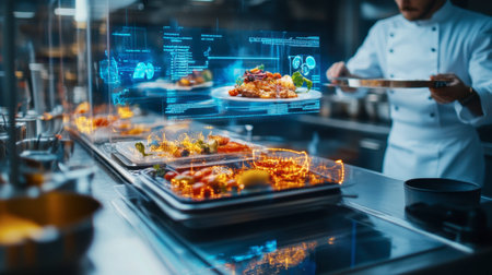 A professional chef utilizes advanced technology to enhance food presentation in a modern kitchen. Innovative digital displays showcase culinary art and creativity.の素材