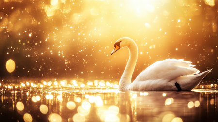 A stunning image of an elegant swan gliding serenely across golden water, adorned with sparkling bokeh highlights, evoking a sense of tranquility and beauty.の素材