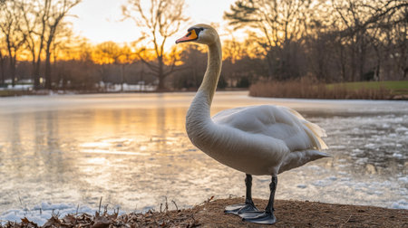 A stunning swan stands gracefully by a frozen lake at sunset, showcasing its elegant posture against the tranquil backdrop of nature's beauty during winter.の素材