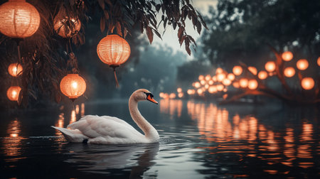 A graceful swan glides through a tranquil lake, surrounded by glowing lanterns. The serene atmosphere creates a dreamy and peaceful scene at dusk.の素材