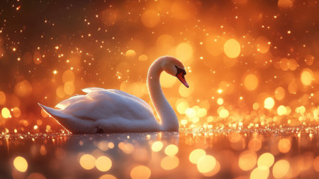 A graceful swan glides across a shimmering lake, surrounded by warm bokeh lights and a soft golden glow, capturing the essence of tranquility and beauty in nature.の素材