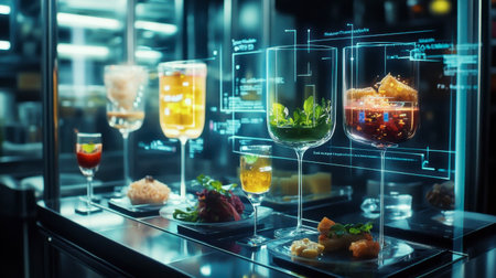 A modern restaurant display featuring an array of gourmet dishes and vibrant beverages, showcasing culinary excellence and high-tech aesthetics in dining experience.の素材