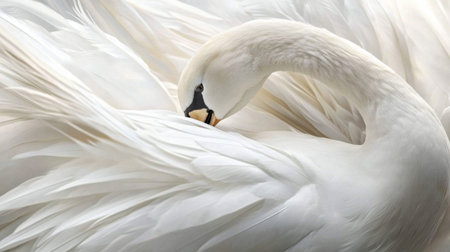A stunning close-up of a white swan surrounded by its soft feathers, capturing the essence of elegance and tranquility in nature. This serene image illustrates the bird's beauty and grace.の素材