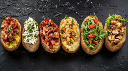 This stunning image features gourmet stuffed baked potatoes, each topped with a variety of fresh and flavorful ingredients. Ideal for food enthusiasts and culinary presentations.の素材