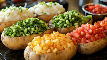 A vibrant arrangement of various fresh chopped vegetables in potato bowls. Perfect for healthy meal preparation, showcasing organic ingredients in a rustic kitchen setting.の素材