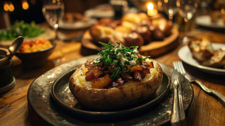 A beautifully arranged baked potato topped with crispy bacon and fresh herbs, set on a rustic table illuminated by candlelight for a cozy dining experience.の素材
