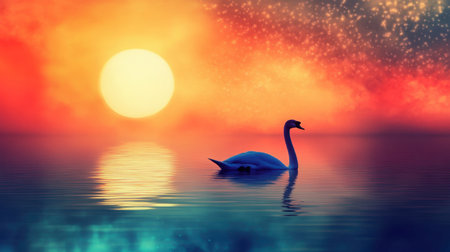A stunning silhouette of a swan gracefully floating on a tranquil lake at sunset. The vibrant colors of the sky create a serene atmosphere, perfect for nature lovers.の素材