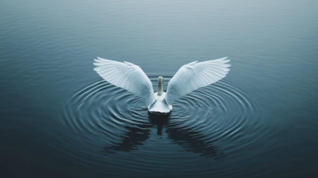 A serene white swan spreads its wings gracefully over a calm water surface, creating gentle ripples. The tranquil scene captures the beauty of nature and wildlife.の素材
