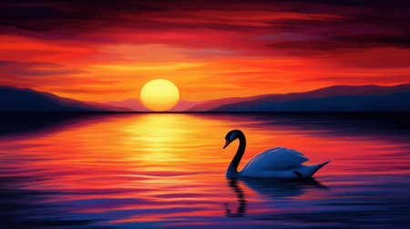 A stunning scene featuring a graceful swan gliding across still water during a vibrant sunset, showcasing brilliant colors and serene natural beauty.の素材