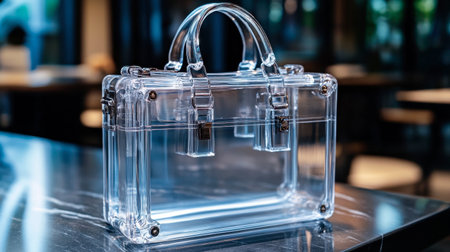 A stylish clear handbag displayed on a sleek table, showcasing modern design and elegance. Perfect for fashion enthusiasts seeking unique accessories.の素材